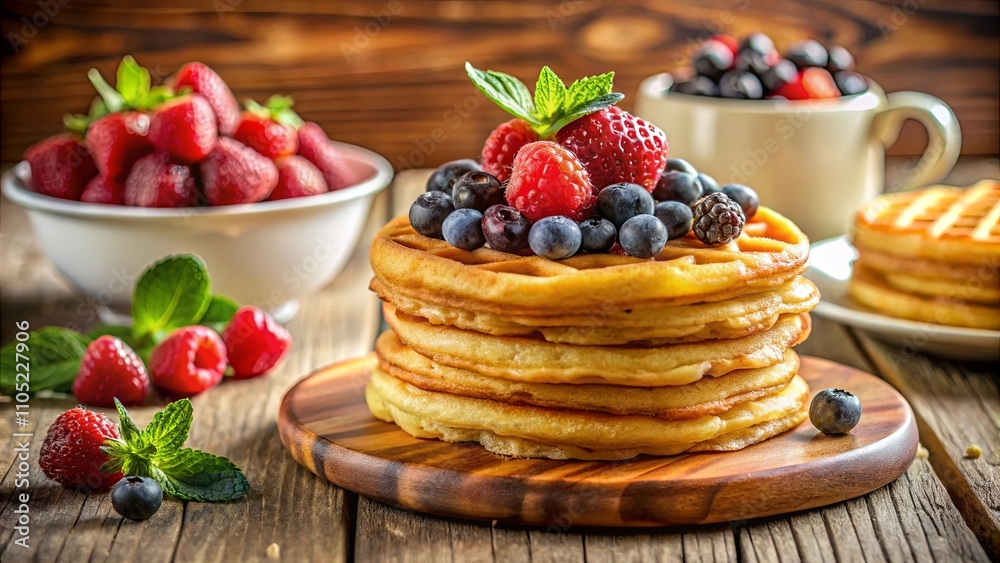 A stack of golden waffles topped with fresh berries and mint on a rustic wooden table