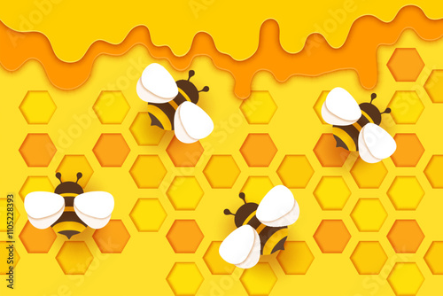 Paper cut honeycombs and honey bee vector background. Hive combs and beehive hexagon cells 3d paper cut layered banner with border of yellow honey dripping flow and origami bees, beekeeping farm food