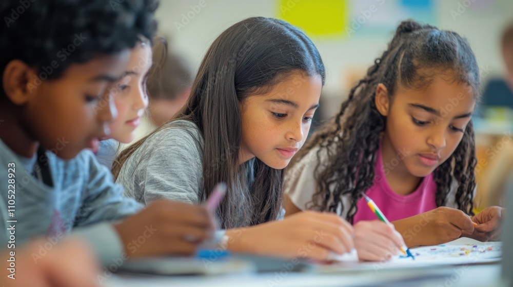 Students of various ethnicities working on a school project together, Students of various ethnicities working on a school project together,