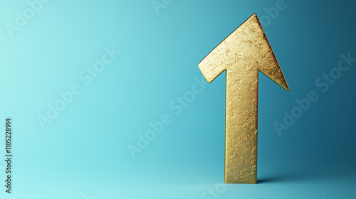 Solid gold upward arrow on a blue background symbolizing growth and success