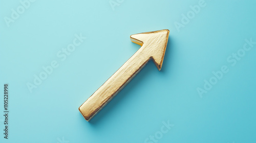 Solid gold upward arrow on a blue background symbolizing growth and success