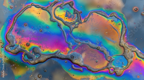 Close-up of oil droplets on the water surface creating colorful rainbow patterns. Environmental protection,scientific research,environmental pollution, sustainable development, natural resources photo