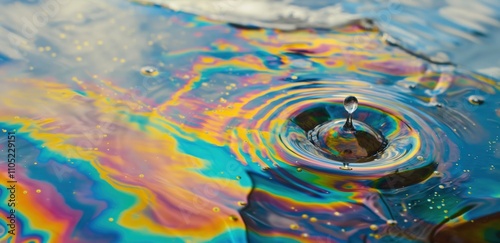 Close-up of oil droplets on the water surface creating colorful rainbow patterns. Environmental protection,scientific research,environmental pollution, sustainable development, natural resources photo