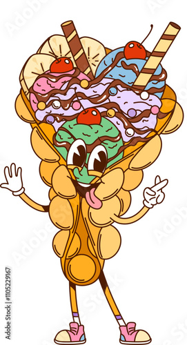 Cartoon Hong Kong bubble waffle, groovy fast food character. Vector ice cream personage with colorful balls, crispy wafer sticks and sprinkles. Sweet tasty dessert with comic happy face and retro vibe