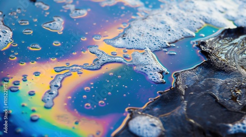 Close-up of oil droplets on the water surface creating colorful rainbow patterns. Environmental protection,scientific research,environmental pollution, sustainable development, natural resources photo