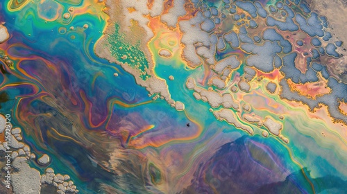 Close-up of oil droplets on the water surface creating colorful rainbow patterns. Environmental protection,scientific research,environmental pollution, sustainable development, natural resources photo