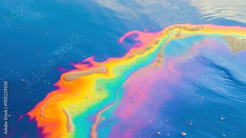 Close-up of oil droplets on the water surface creating colorful rainbow patterns. Environmental protection,scientific research,environmental pollution, sustainable development, natural resources photo