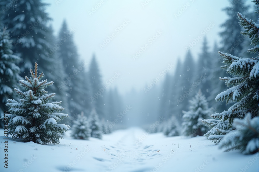 Fototapeta premium A serene winter wonderland with snow-covered pine trees and a gently falling snowfall.