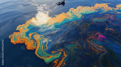 Close-up of oil droplets on the water surface creating colorful rainbow patterns. Environmental protection,scientific research,environmental pollution, sustainable development, natural resources photo