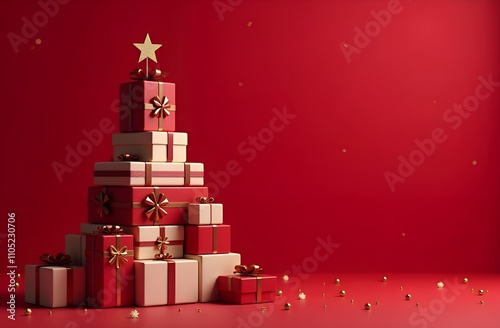 A Christmas tree made of gifts.