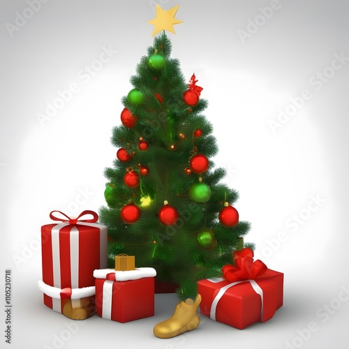 Christmas tree surrounded by presents on white background