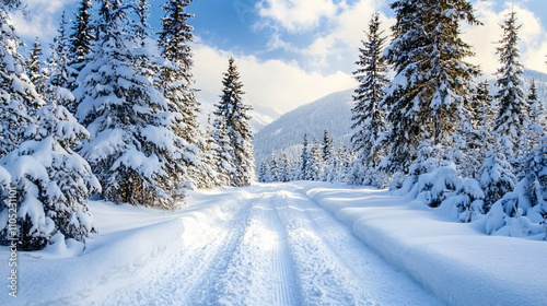 A secluded winter trail with tall, snowy trees on either side and soft tracks in fresh snow.