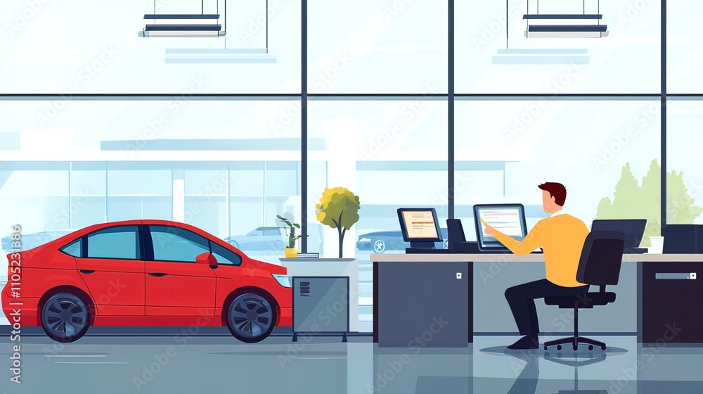 Man Working at Computer in a Car Dealership Man Working at Computer in a Car Dealership