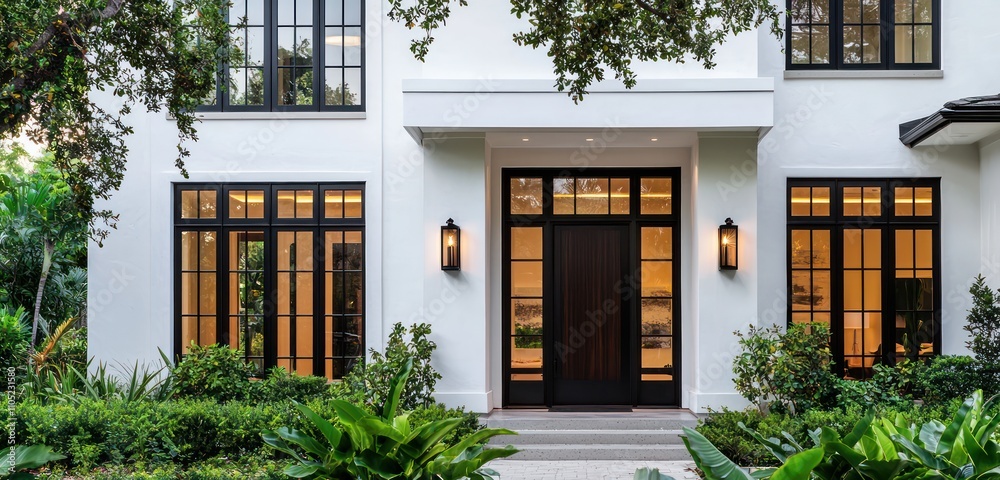 A home with white stucco walls, glossy black windows, and a dark oak door.