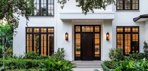 A home with white stucco walls, glossy black windows, and a dark oak door.