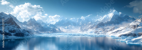 Ultra-realistic footage of an ice sheet atop snow-covered mountains, capturing intricate textures and reflections, with soft lighting highlighting the icy surface, evoking a cold and serene alpine env