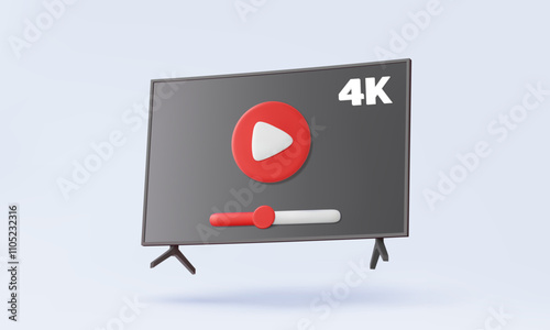 Modern tv realistic icon screen playing video 4K floating on pastel background. Monitor display wireless media connection, internet entertainment streaming, 3d vector illustration