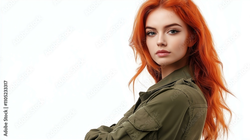 A confident young woman with vibrant red hair poses against a white background in an olive green jacket.