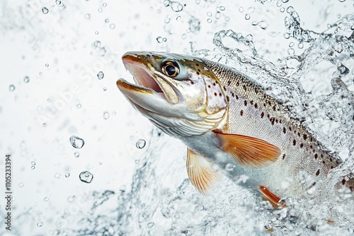 Sea trout with water splashes on a white background. 