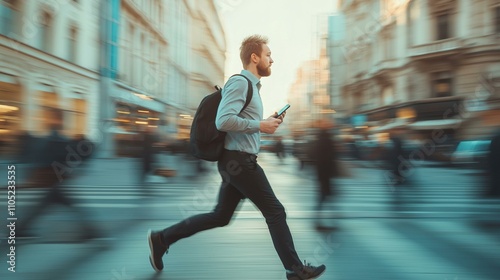 Businessman in motion crossing a busy city street with a phone and backpack.