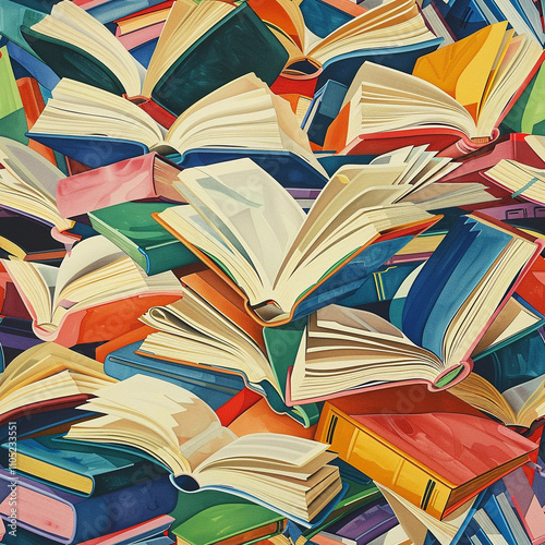 Open messy books colorful stack literature pattern library education reading challenge nonprofit publishing school literacy campaign seamless print textile old crazy reader print background wallpaper