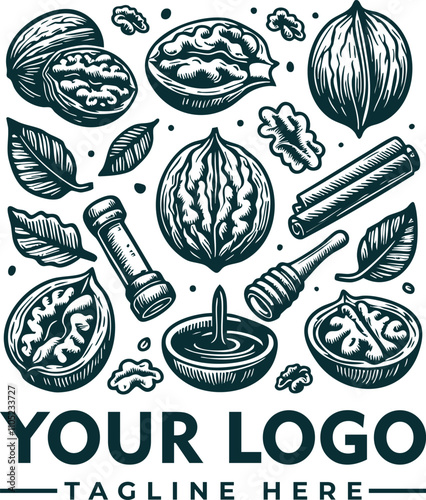 walnut art depicts whole nut and its kernel vector logo Black and white walnut art suitable for food packaging design, recipe book covers, or nutthemed blog posts and social media graphics