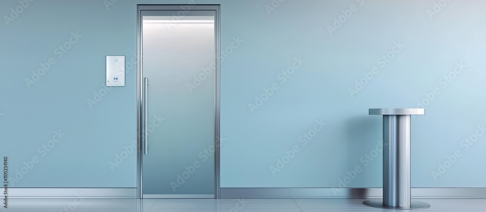 A frosted glass door set against pale blue walls with silver baseboards for a fresh feel.
