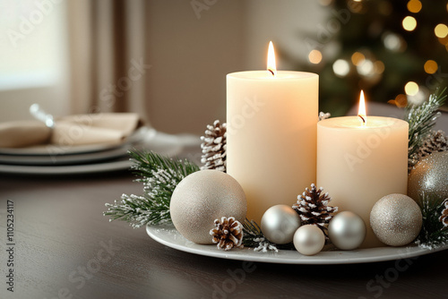 Festive Table Setting With Beautifully Lit White Candles, Adorned With Silver Accents And Surrounded By Delicate Ornaments And Greenery, Exuding A Warm Glow