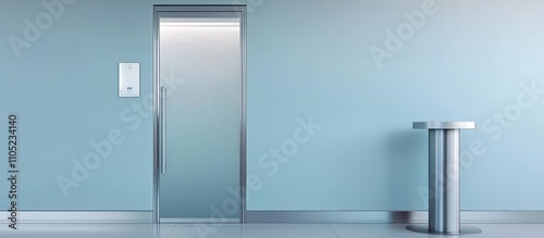 Obraz na płótnie A frosted glass door set against pale blue walls with silver baseboards for a fresh feel. w salonie