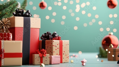 Festive and Colorful Christmas Presents with Ribbons on a Light Blue Background Surrounded by Decorative Ornaments and Soft Bokeh Lights