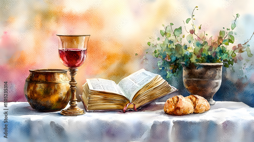 Watercolor painting of a table featuring a chalice of wine and bread on a white linen cloth, with an open Bible in the center, set against a misty background with soft pastel hues, creating a serene a Watercolor painting of a table featuring a chalice of wine and bread on a white linen cloth, with an open Bible in the center, set against a misty background with soft pastel hues, creating a serene a