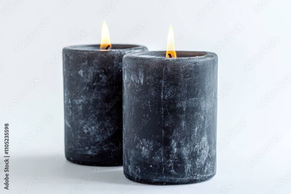 Two elegant black candles with soft glowing flames Isolated on a white background Two elegant black candles with soft glowing flames Isolated on a white background