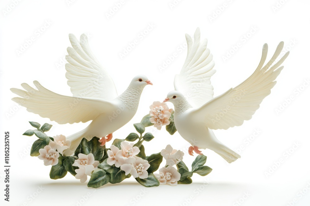 Obraz premium Two white doves holding flowers in flight isolated against a clean white background