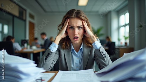 A businesswoman displays frustration while surrounded by stacks of paperwork in a busy office. Her expression reflects a moment of overwhelming stress during work