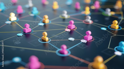 Colorful figures connected by lines illustrating social media networks and interactions. Internet,digital age, globalization,online connections photo