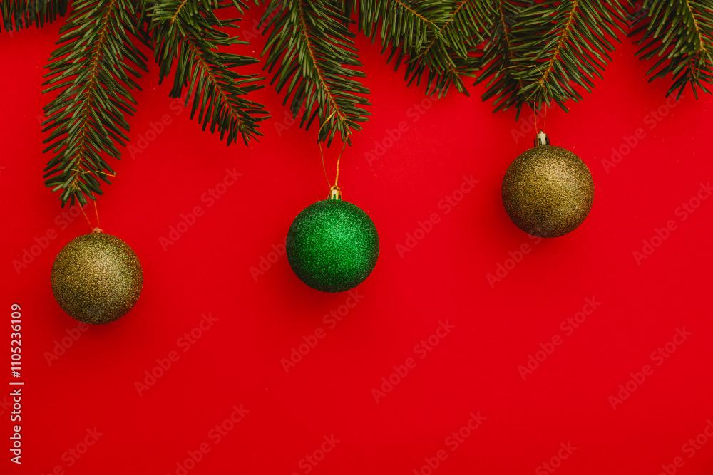 red christmas background. Minimalist Christmas arrangement with fresh evergreen branches and golden pinecones on a vibrant red background, perfect for holiday designs. red christmas background. Minimalist Christmas arrangement with fresh evergreen branches and golden pinecones on a vibrant red background, perfect for holiday designs.