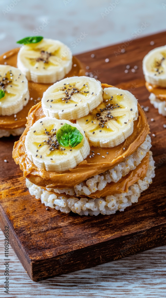 Food sweet snack junk diet concept. Banana rice cake snack stack Food sweet snack junk diet concept. Banana rice cake snack stack