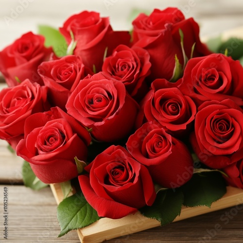 A dozen red roses arranged in a wooden box.