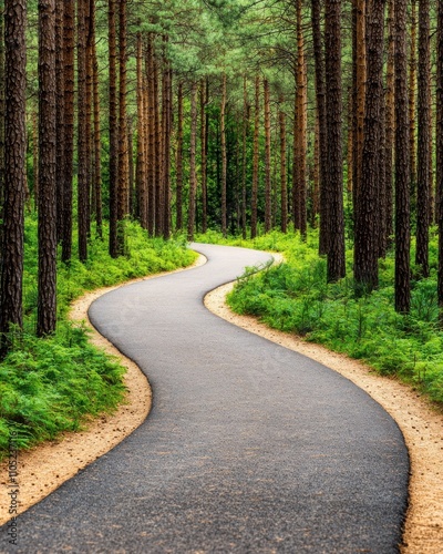 A winding path through a lush green forest, flanked by tall trees and vibrant foliage, inviting exploration and tranquility.