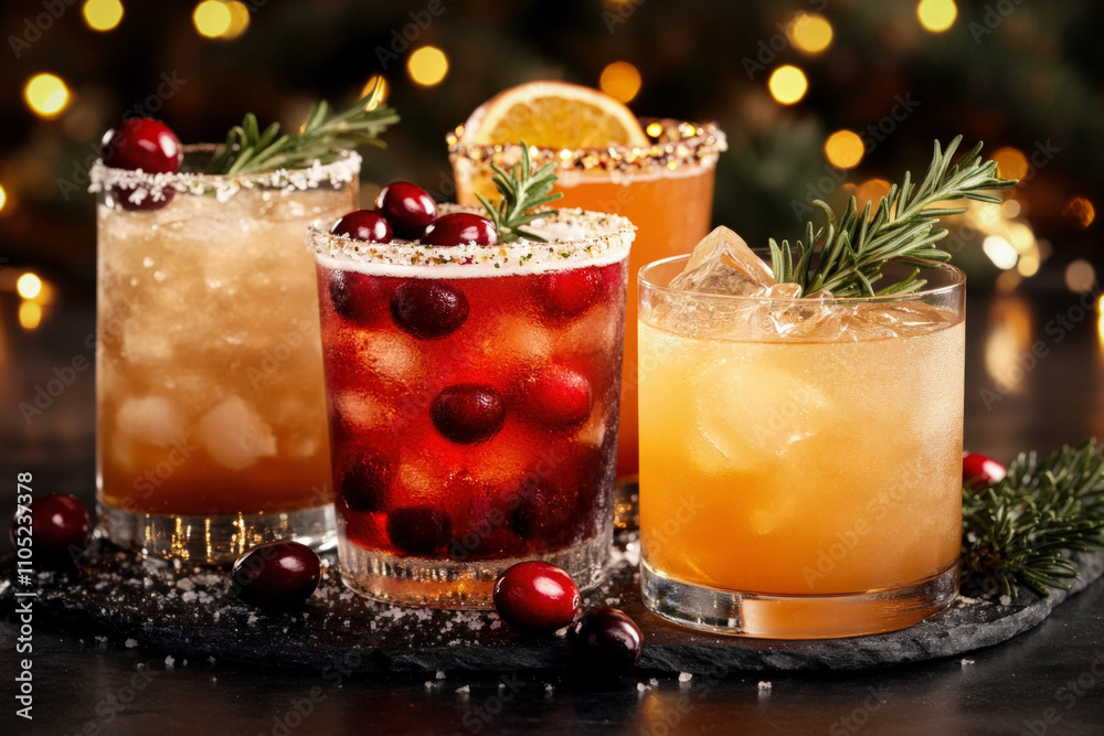 An Array Of Holiday Cocktails In Elegant Glasses, Garnished With Cranberries And Sprigs Of Rosemary, Set Against A Backdrop Of Glowing Christmas Lights An Array Of Holiday Cocktails In Elegant Glasses, Garnished With Cranberries And Sprigs Of Rosemary, Set Against A Backdrop Of Glowing Christmas Lights