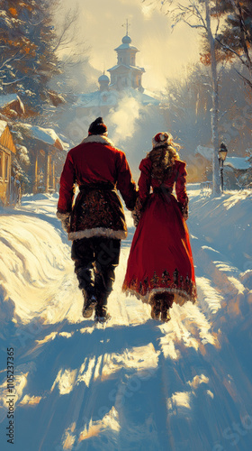 A whimsical illustration of a Ukrainian Santa Claus (Dido Moroz) and a Snow Maiden in a snowy landscape surrounded by traditional Ukrainian ornaments and symbols