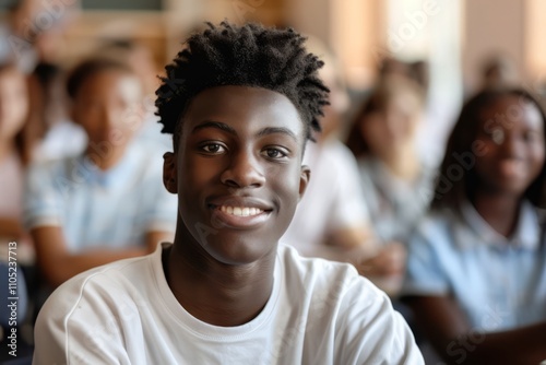 Portrait of a happy student man smiling with people in background at a conference or business meeting