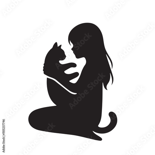 A girl and a cat vector silhouette black and white.