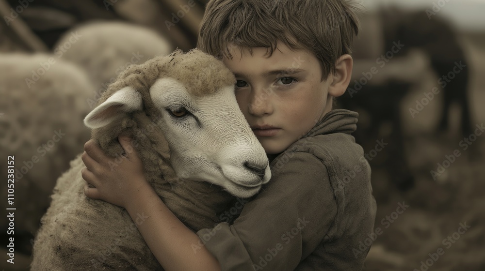 Young Boy Embracing a Sheep Tenderly Young Boy Embracing a Sheep Tenderly