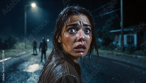 Young woman in terror on a rainy night as ominous figures approach.
