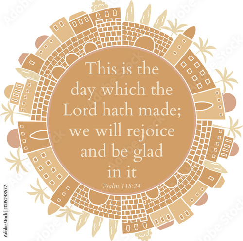 Psalm 118:24 text inside biblical city frame artwork. "This is the day which the Lord hath made; we will rejoice and be glad in it"