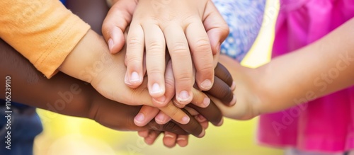Children are joining hands together, showing teamwork, collaboration, and unity outdoors in a natural setting