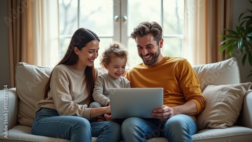 A family of three, including a couple and their young child, share joyful moments while using a laptop on a comfortable sofa in their inviting living room