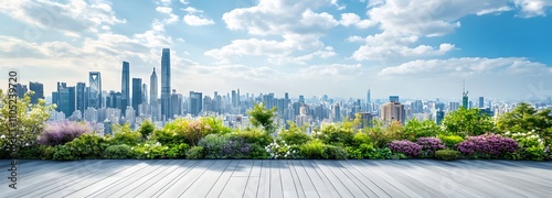 31. A spacious rooftop garden overlooking a city, with clear space in the middle for text