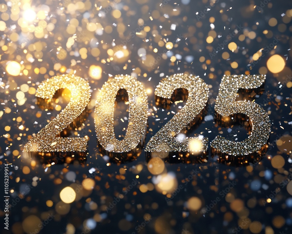 Elegant gold and silver New Year text surrounded by fireworks, confetti, and sparkling lights to celebrate 2025 Elegant gold and silver New Year text surrounded by fireworks, confetti, and sparkling lights to celebrate 2025